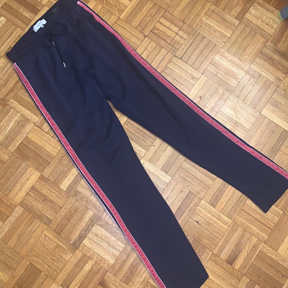 JUST female navy “Harvey Trousers” with pink velvet side stripes Size XS